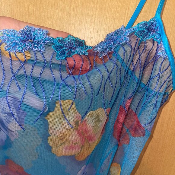 Cosabella Vintage Womens Nightgown Size L Blue Lingerie Slip Floral Sheer Mesh - Picture 4 of 16
